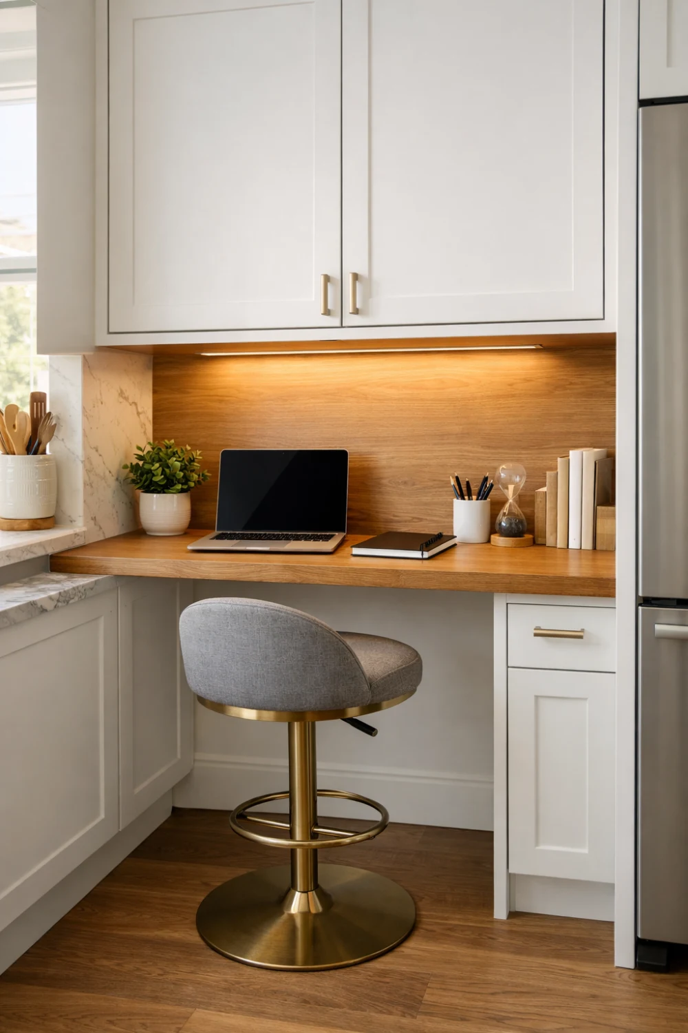 kitchen office nook built into cabinet counter small home workspace idea modern kitchen desk setup
