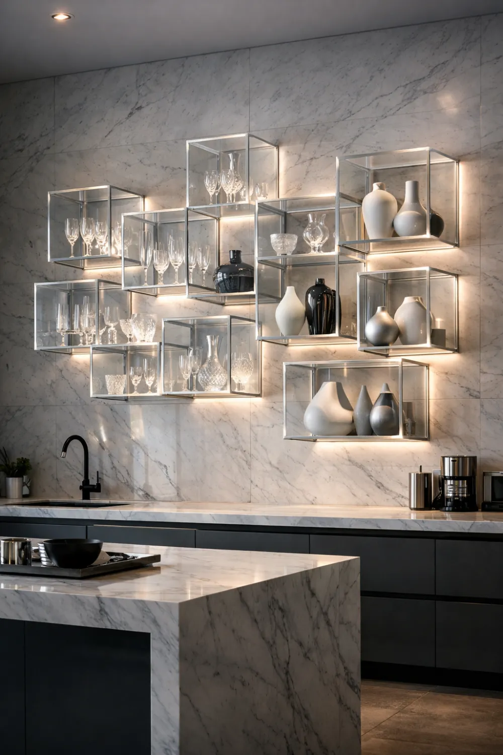 Modern luxury kitchen wall with floating glass cube shelving units displaying decorative ceramics and crystal glassware illuminated by soft LED lighting on a marble wall.