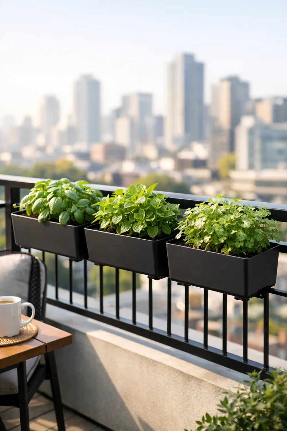 Balcony railing herb planters with basil mint and cilantro growing in modern black planter boxes overlooking city skyline, urban herb garden idea for apartments