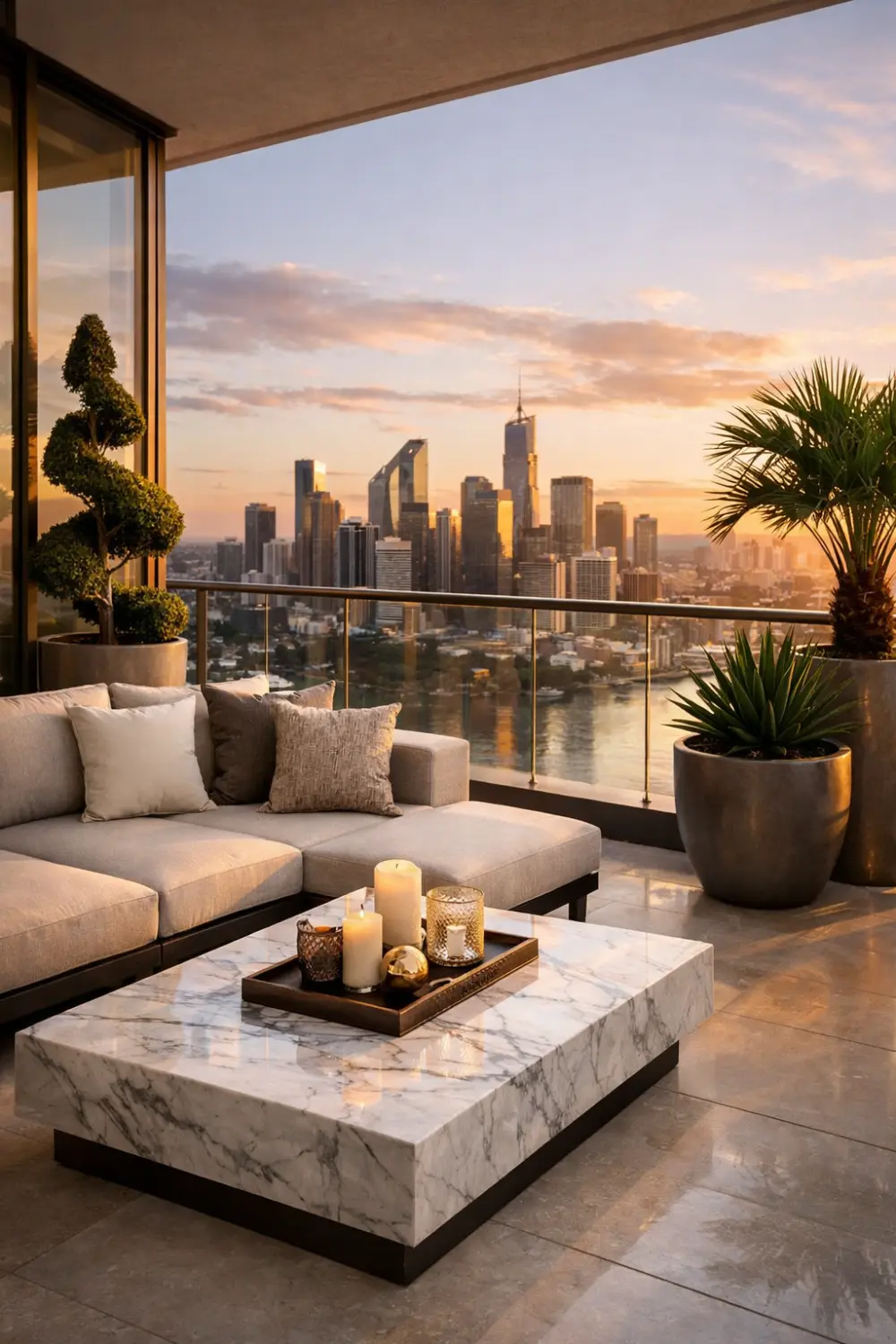luxury balcony lounge with sofa marble coffee table city skyline view modern luxury balcony decor inspiration