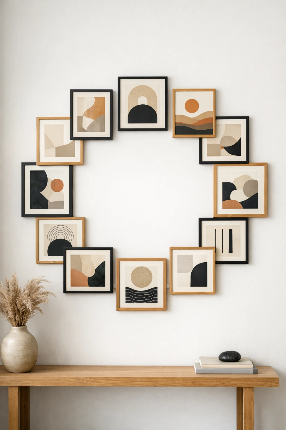 Circular frame gallery wall design with mixed black and wood frames arranged in a perfect round layout above a console table