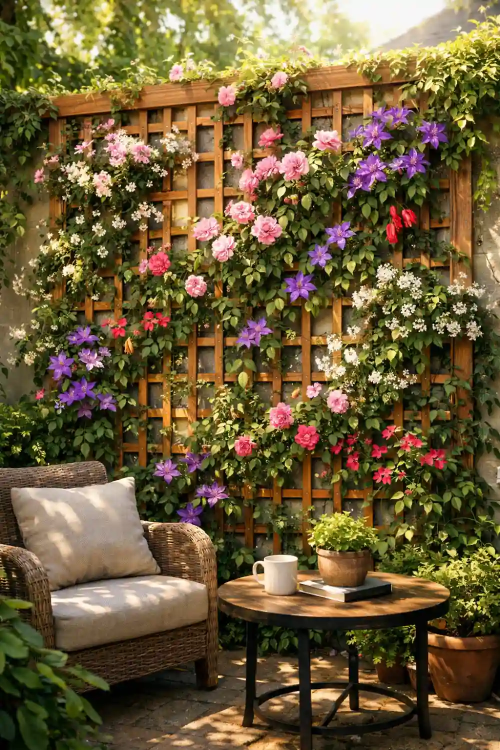 Wooden trellis vertical garden covered with colorful climbing flowers creating a vibrant garden wall.