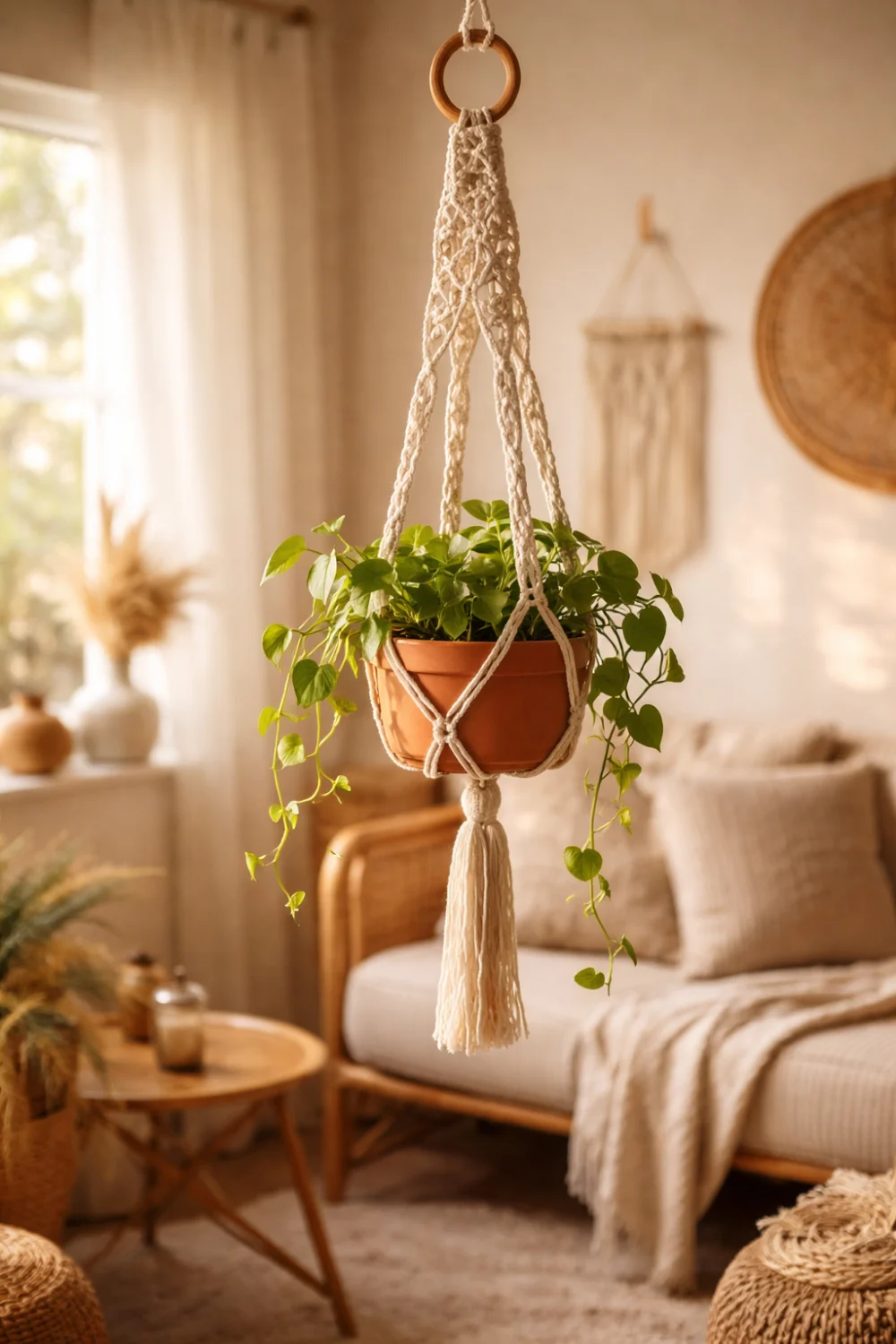 DIY macrame hanging planter idea with boho style plant hanger turning simple pot into stylish hanging plant decor