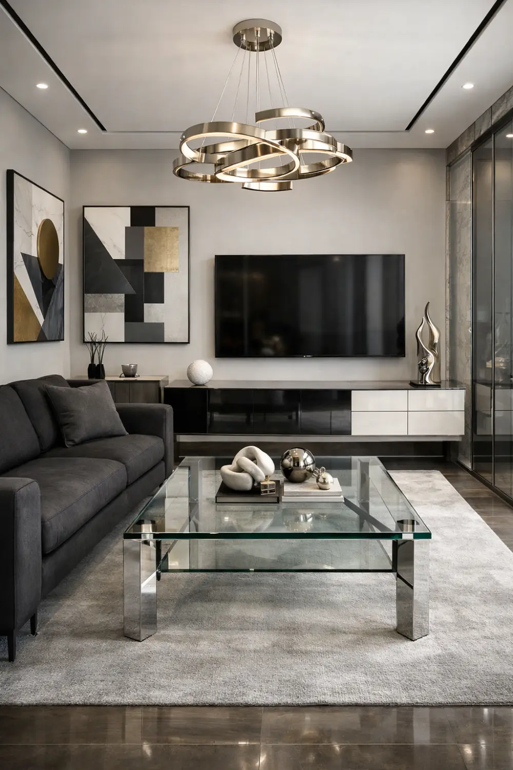 Contemporary small living room with glass coffee table, dark sofa, modern chandelier, and geometric wall art creating a sleek modern apartment interior.