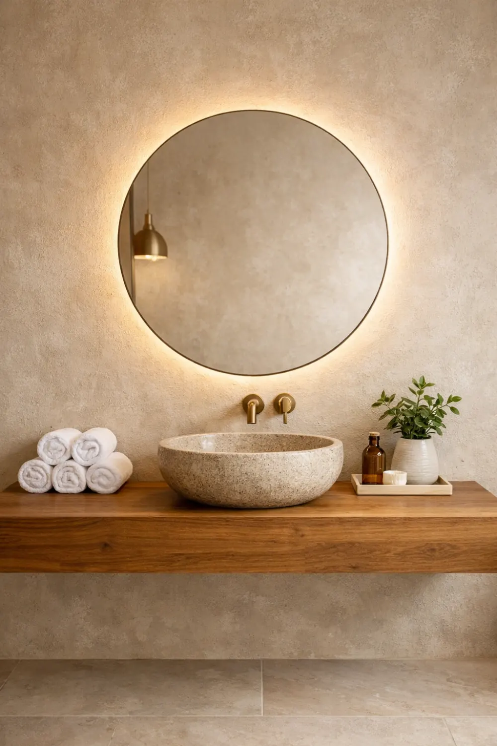 Modern bathroom limewash textured walls with floating wooden vanity, stone vessel sink, round mirror, and spa inspired bathroom design