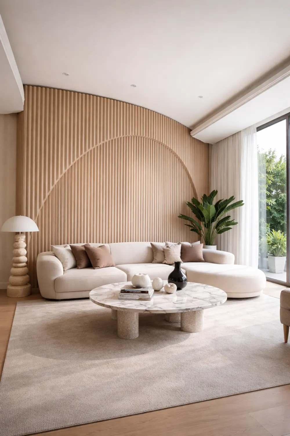 curved fluted wood wall design in modern living room with neutral sofa