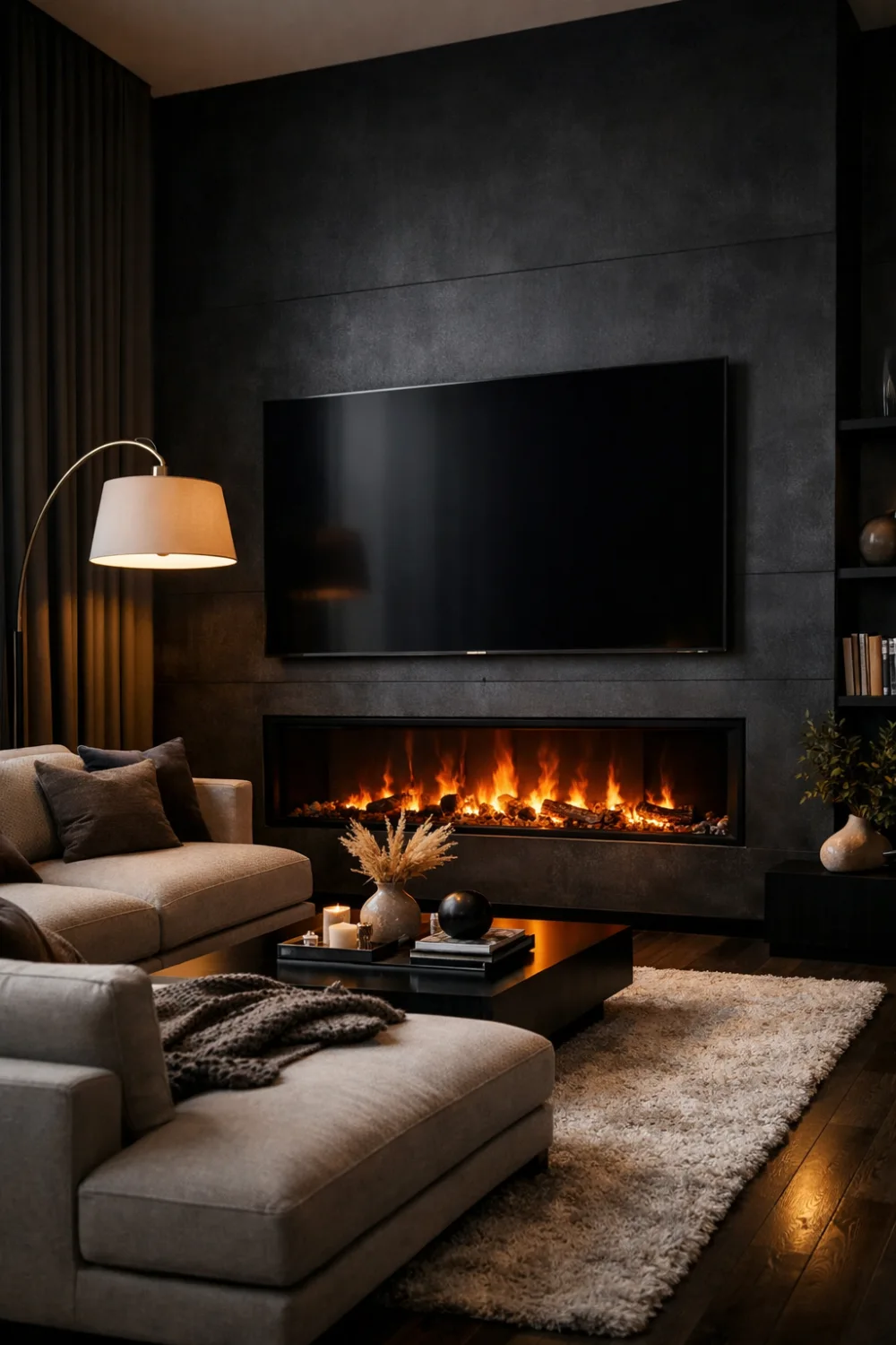 Dark modern fireplace wall with electric fireplace and TV above creating dramatic cozy living room atmosphere.