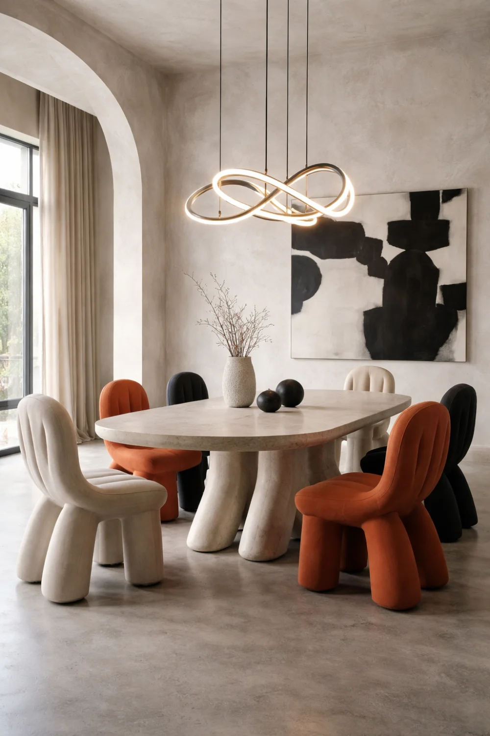 sculptural modern maximalist dining room with artistic chairs stone table sculptural pendant lighting and neutral textured walls