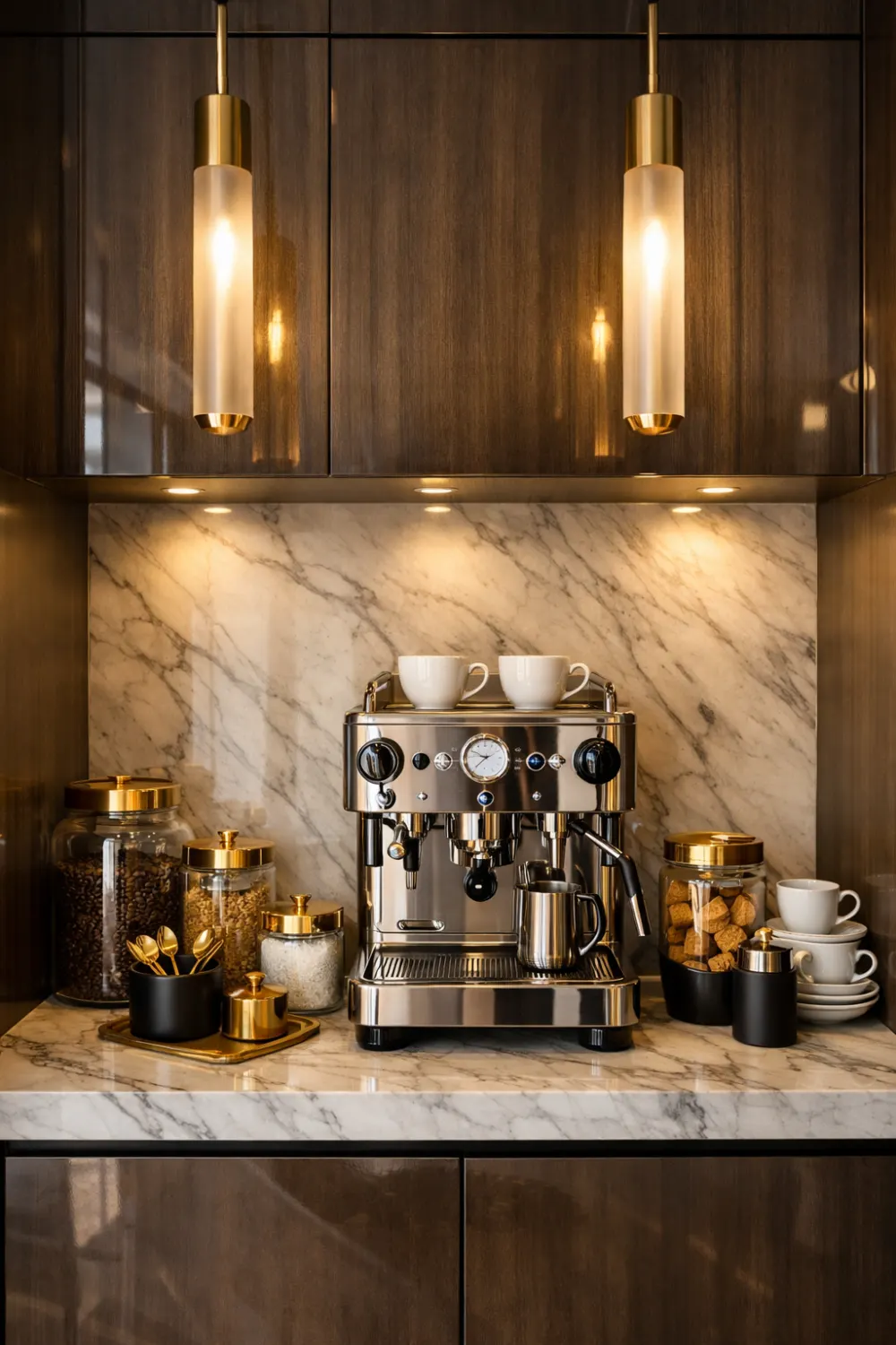 luxury marble coffee bar with gold accents espresso machine elegant kitchen coffee station decor
