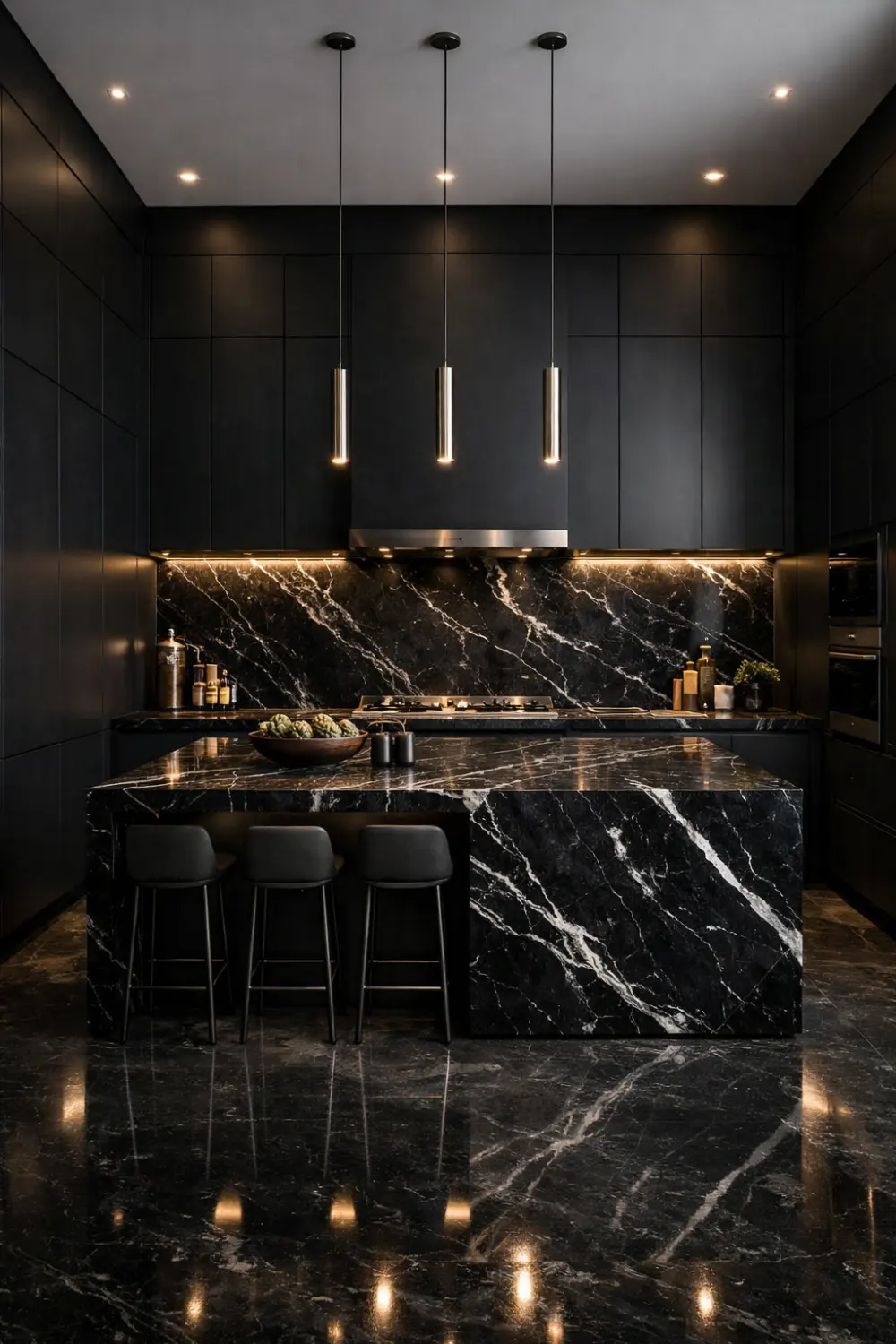 Luxury black marble kitchen with dramatic veining island, matte black cabinets, pendant lights, and modern dark interior.