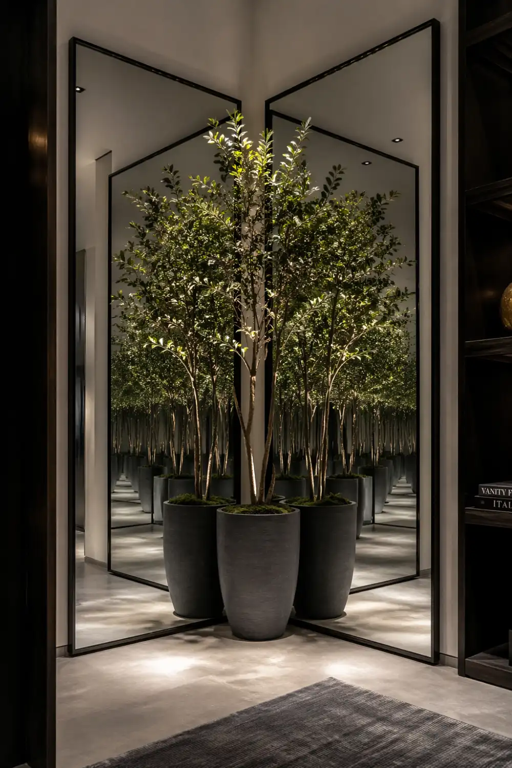 plant with mirror reflection illusion modern interior decor large mirror indoor plant styling