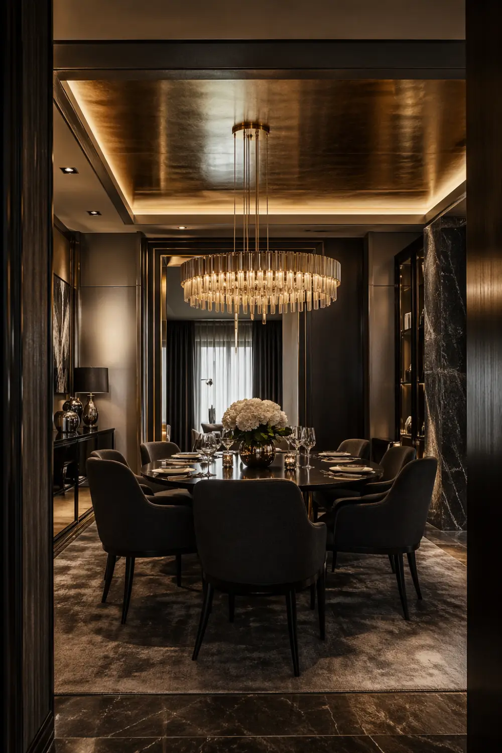modern dining room with metallic gold ceiling, chandelier lighting, dark interior, elegant furniture, luxury dining space, glam ceiling design idea
