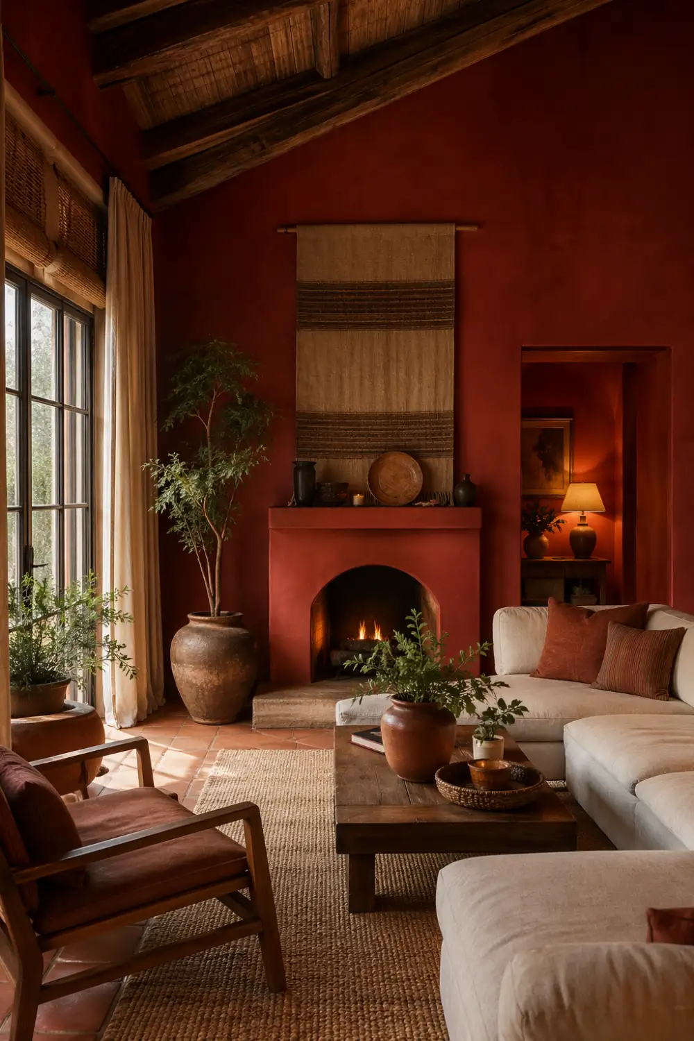 earthy cherry red walls rustic living room wooden beams fireplace woven textures plants cozy warm interior design