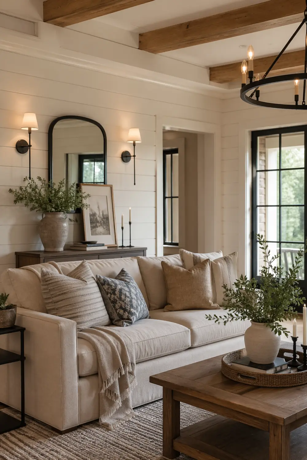 Modern farmhouse French country living room with shiplap walls, wood beams, neutral sofa, black accents and cozy decor