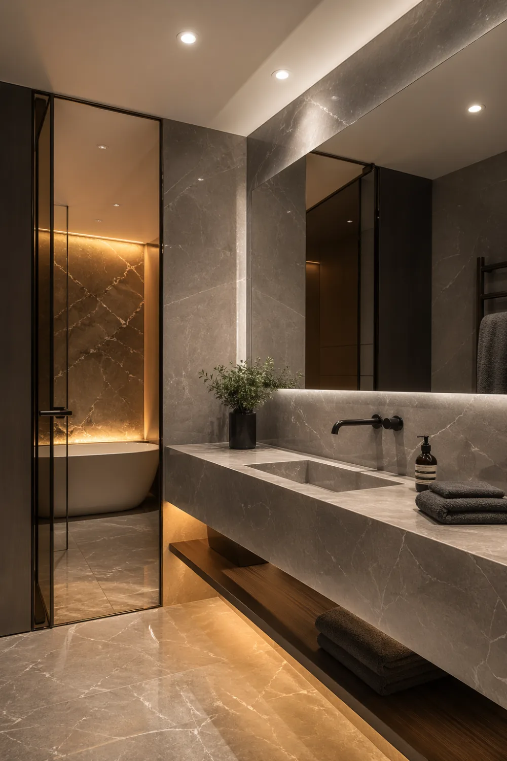 Luxury bathroom with layered lighting including under vanity LED and ambient wall lighting creating a warm balanced space