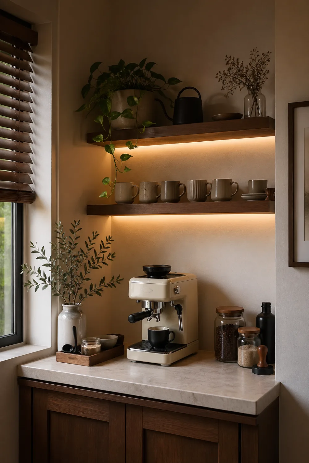 home coffee corner with espresso machine wooden shelves mugs jars warm lighting aesthetic coffee station small space decor