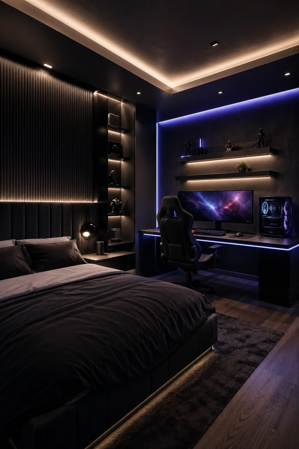 gaming bedroom aesthetic with RGB lighting, modern desk setup, luxury bed design, clean cable management, aesthetic gaming room inspiration