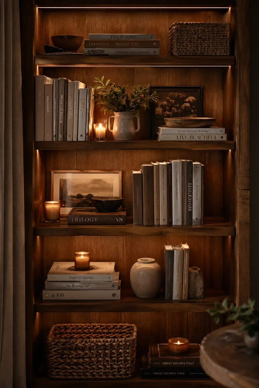 warm wooden bookshelf styling with ambient lighting, candles, textured decor, natural wood tones, cozy shelf design, rustic modern bookshelf aesthetic with soft glow