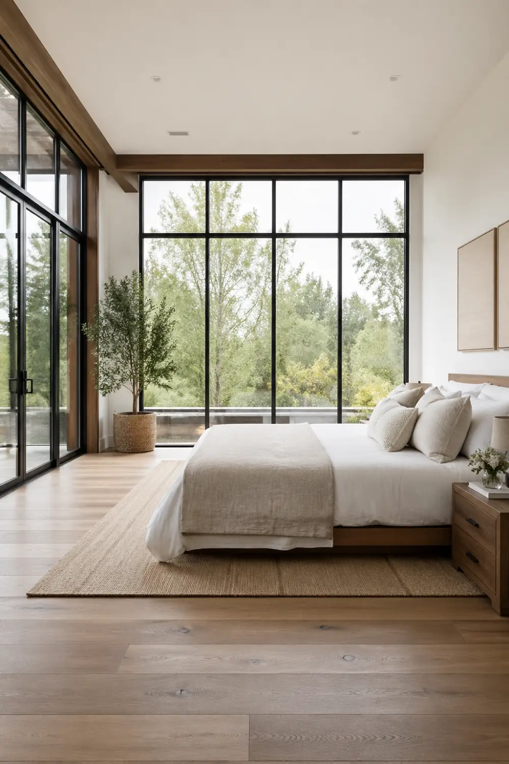 modern farmhouse bedroom with floor to ceiling windows, black window frames, neutral bedding, wooden bed frame, natural outdoor view, light wood flooring, minimal decor, bright airy interior design