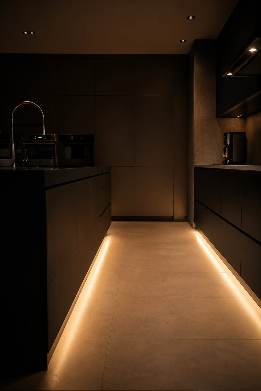 modern dark kitchen with toe kick LED lighting under cabinets, warm floor level glow creating floating cabinet effect, minimal design, soft night lighting ambiance with clean lines
