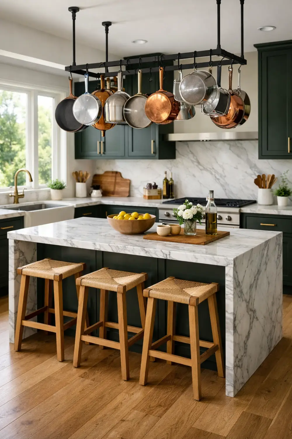 Modern dark cottage kitchen with hanging cookware rack, marble island, green cabinets, and wooden stools.