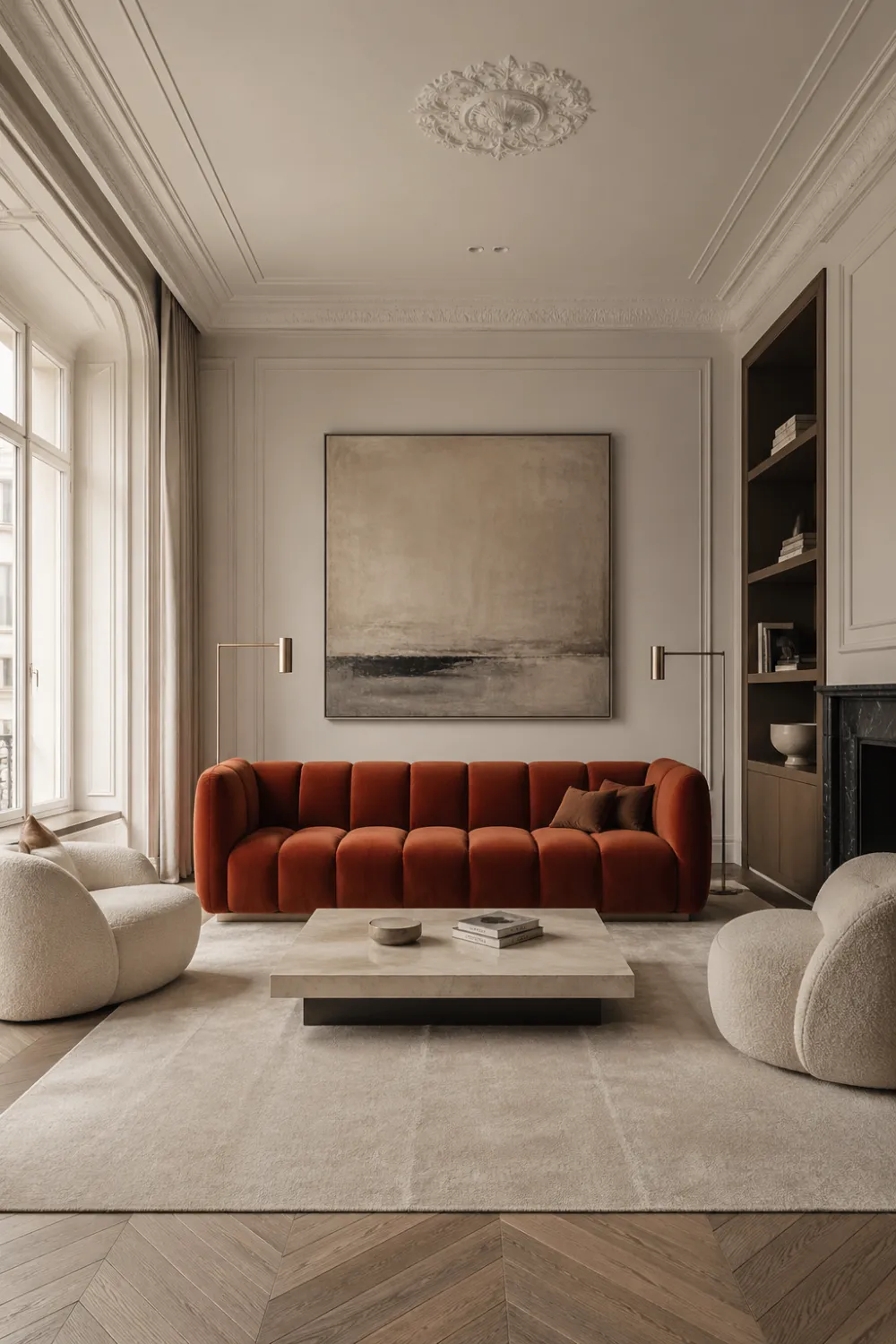 modern living room with bold rust colored sofa, neutral decor, soft textures, minimalist furniture, elegant wall art, contemporary eclectic interior