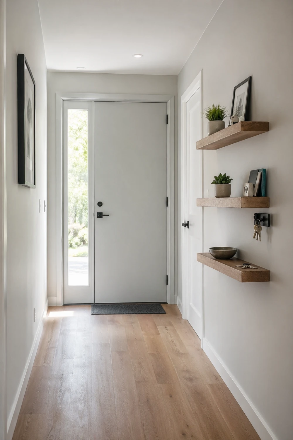 small entrance hall with floating wooden shelves, minimalist wall storage for keys decor and plants, clean narrow hallway design, modern entryway styling with open and airy look