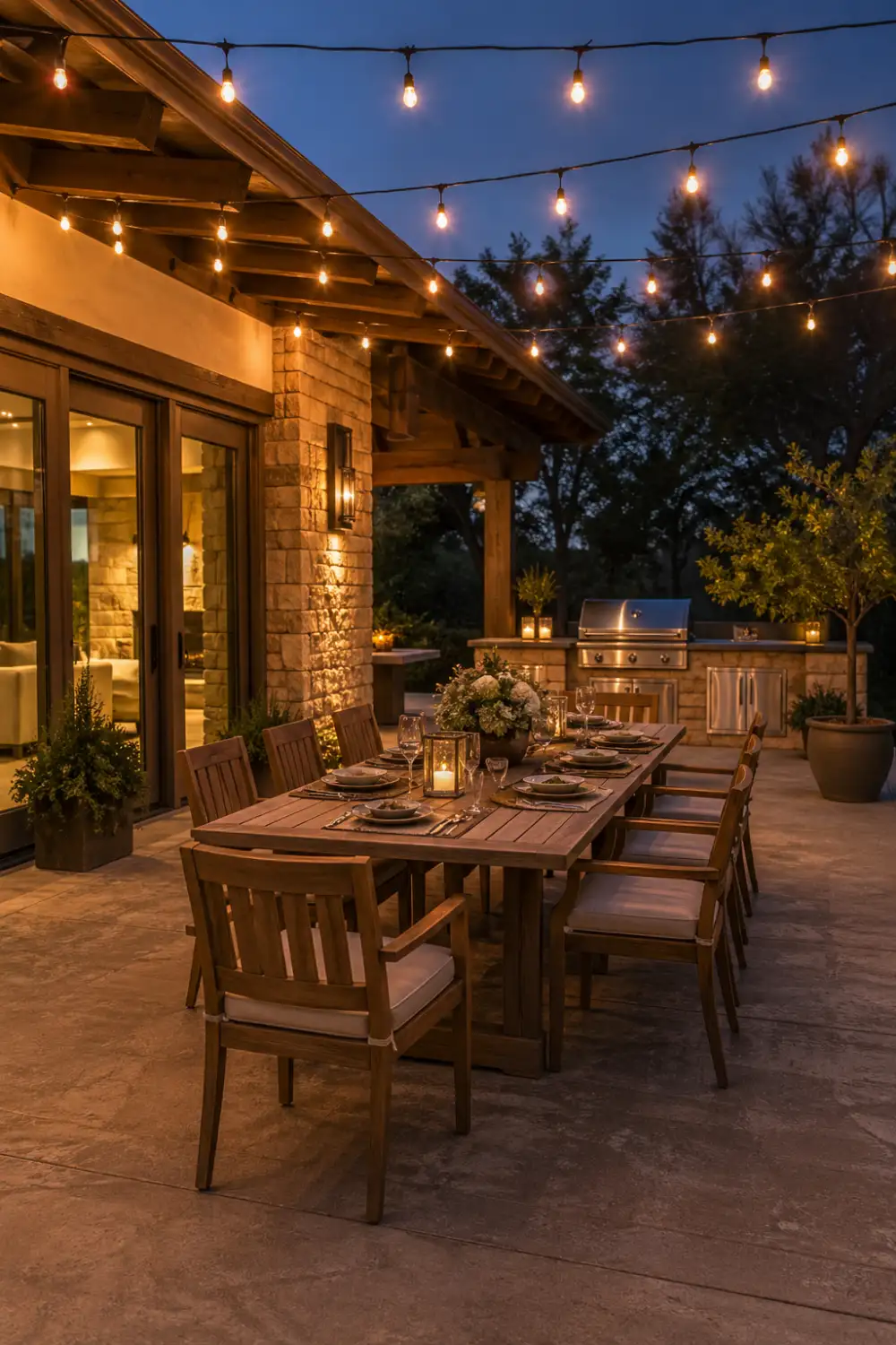 outdoor dining patio with wooden table and chairs, string lights above, cozy dinner setup, modern backyard dining area on concrete floor, evening lighting ambiance, stylish outdoor entertaining space