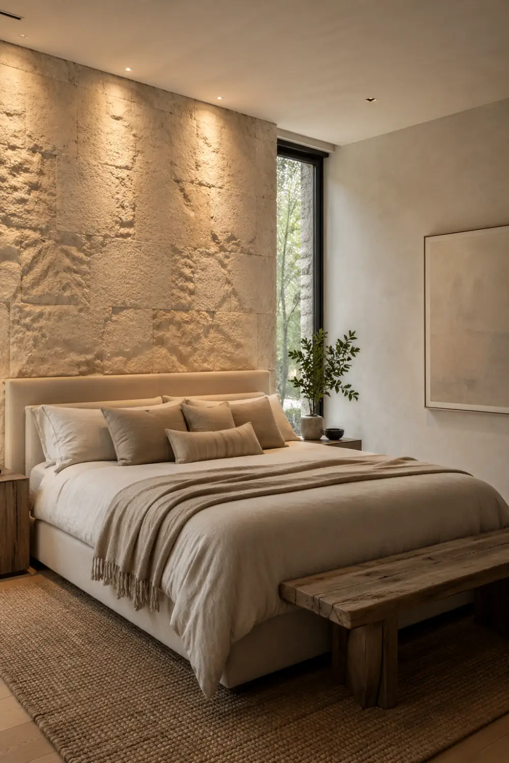Textured stone accent wall bedroom with natural surface, side window, warm lighting, neutral bedding, and earthy modern interior design