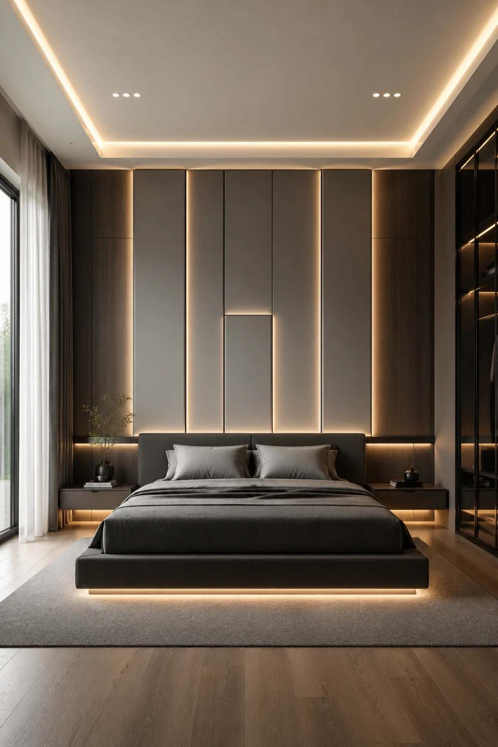 modern LED panel bedroom design, vertical wall panels with backlit LED lighting, low profile bed, neutral grey tones, floating furniture, hidden lighting, sleek and minimal interior, futuristic luxury bedroom, clean and sharp layout