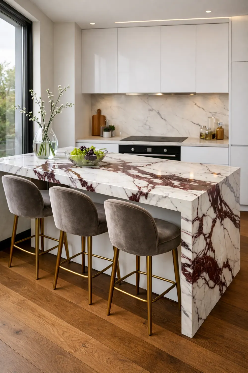 Viola marble peninsula kitchen with seating, white cabinets, bar stools, and modern luxury interior design