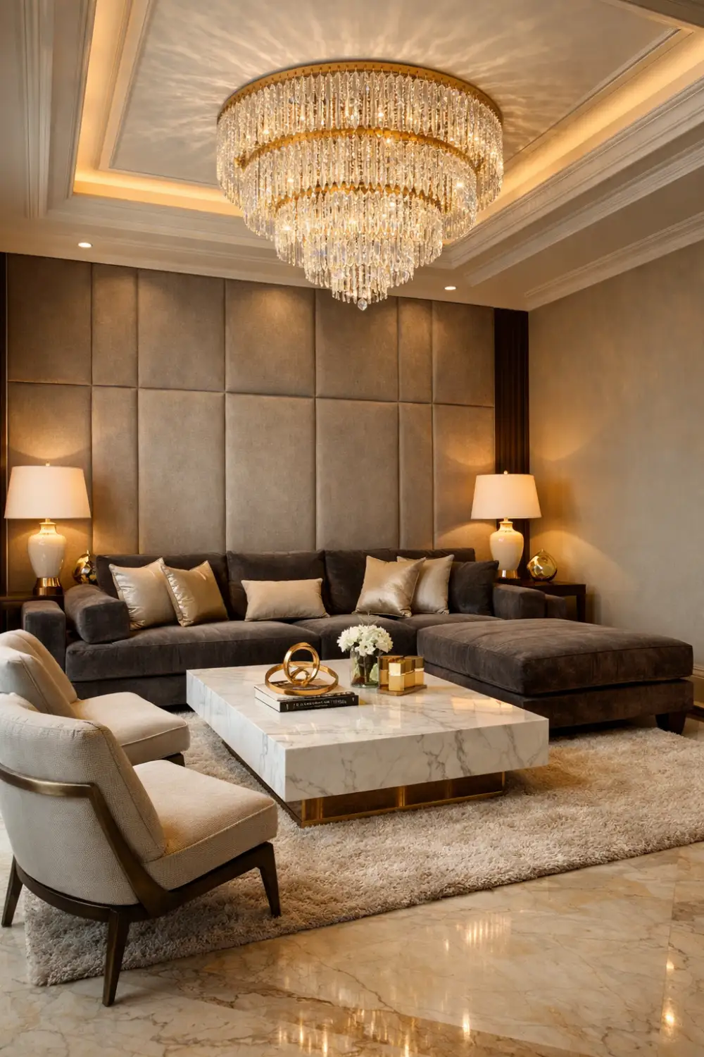 luxury living room chandelier marble table elegant sofa hotel style design