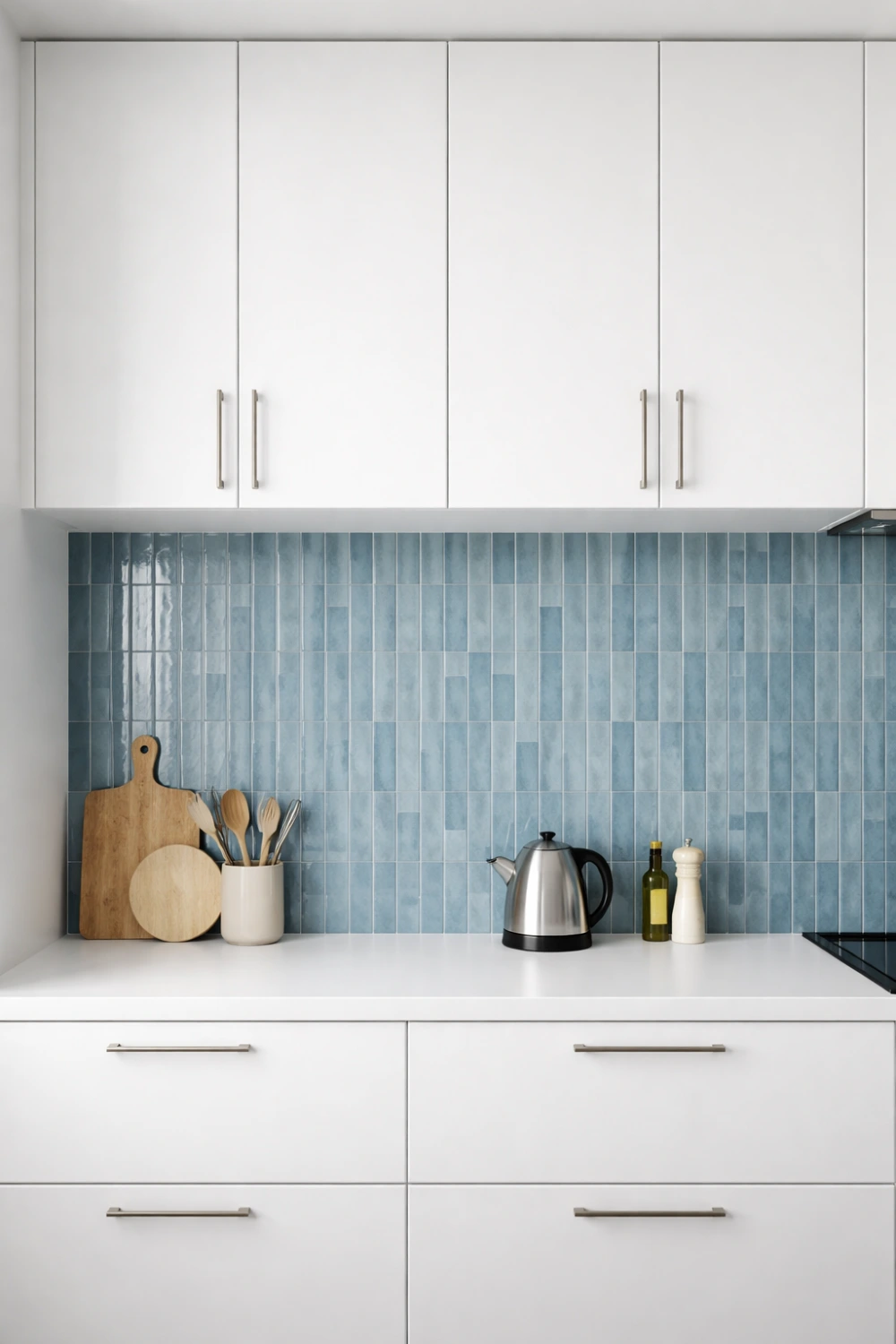 vertical stacked blue zellige tiles kitchen backsplash modern minimalist design