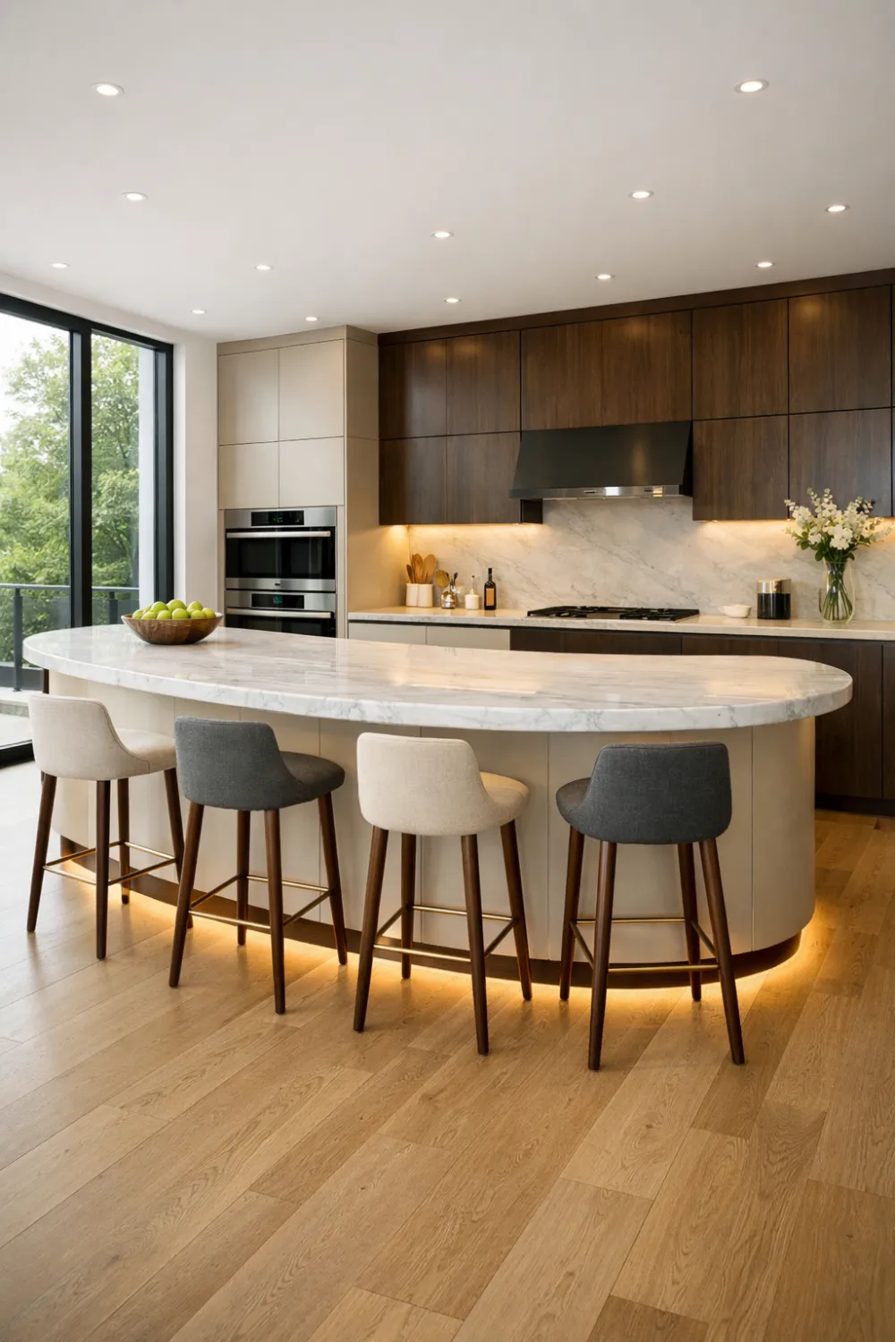 curved kitchen island with marble top and bar stools in modern kitchen