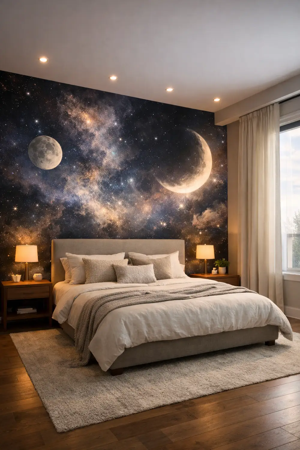 galaxy wallpaper bedroom accent wall celestial moon stars aesthetic decor