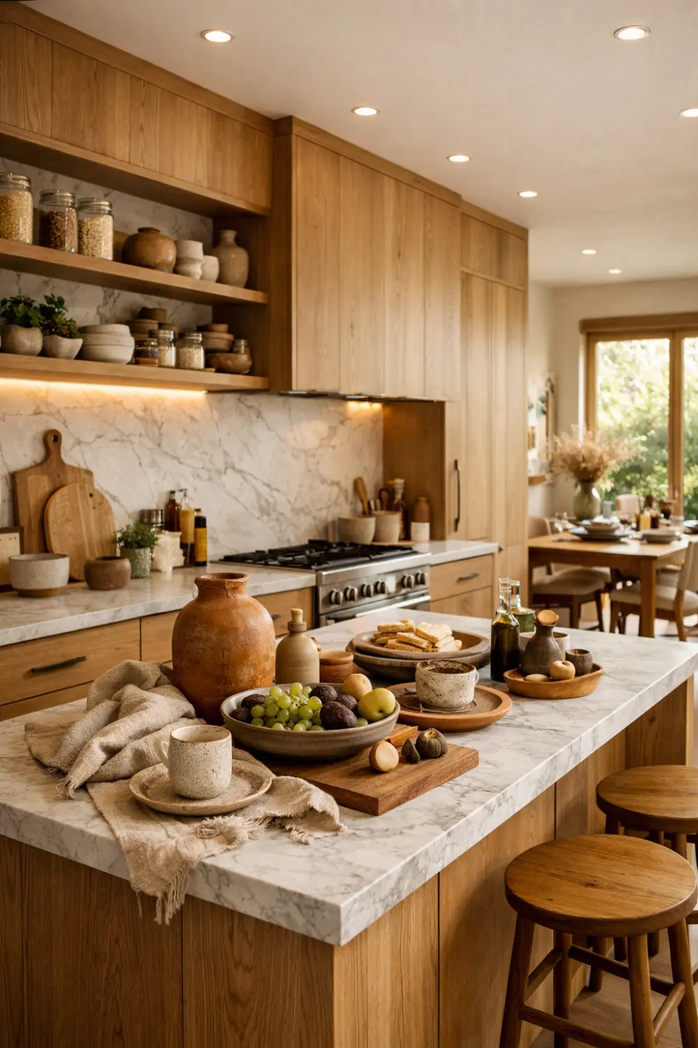 Warm wood kitchen with marble countertop, earthy decor, open shelving, cozy kitchen styling with natural textures and soft tones