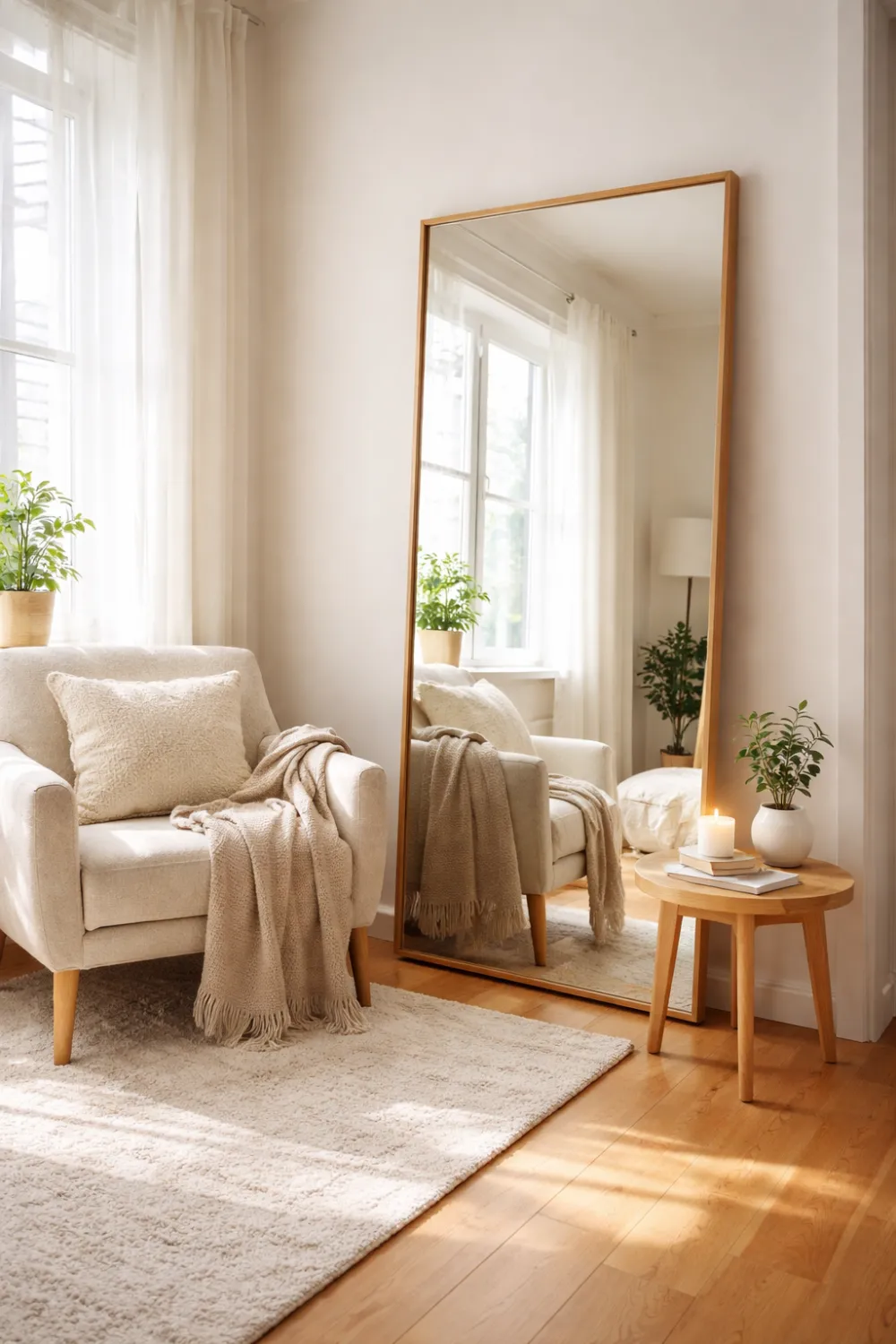 large floor mirror living room leaning mirror natural light reflection cozy chair renter friendly decor space illusion