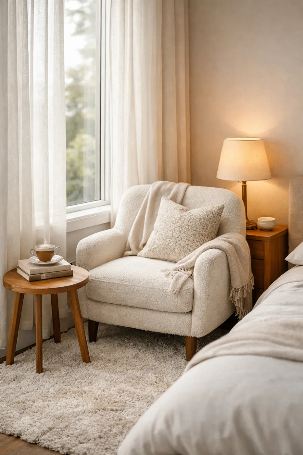 bedroom corner reading nook with armchair lamp side table cozy reading space idea