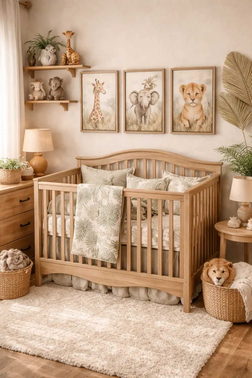 Elegant safari nursery decor with neutral tones, giraffe elephant and lion wall art, wooden crib, woven baskets, and soft cozy baby room styling.