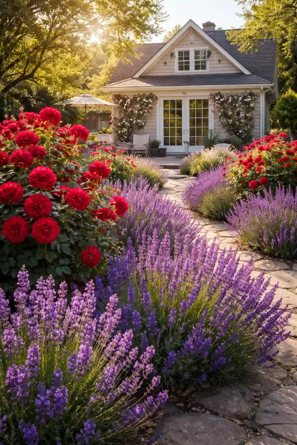 Backyard garden with red rose bushes and lavender plants along a curved pathway leading to a cozy home patio.