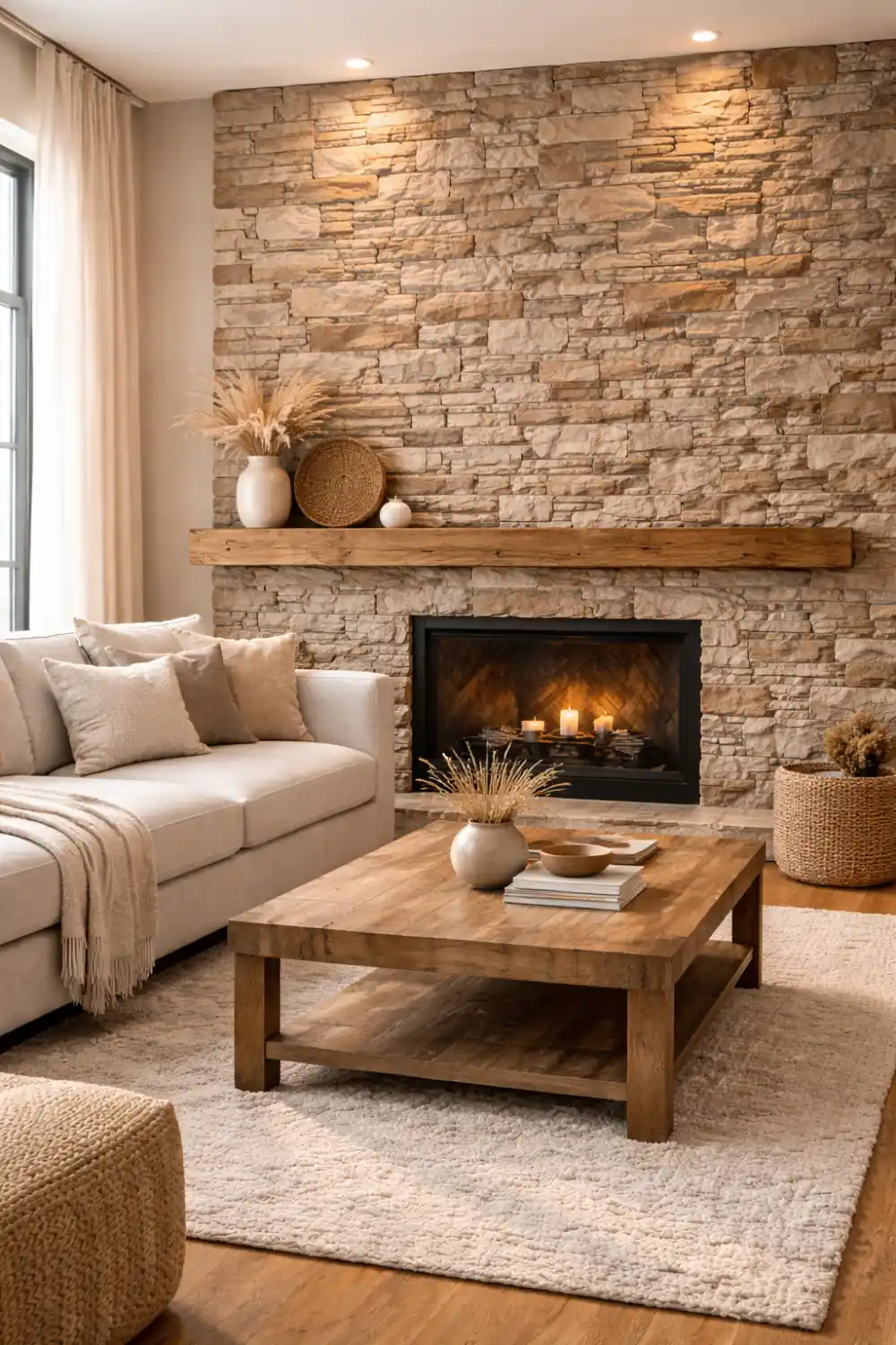 Modern living room with natural stacked stone veneer wall around a fireplace, layered stone texture creating depth, warm lighting and neutral furniture adding rustic elegance to the space.