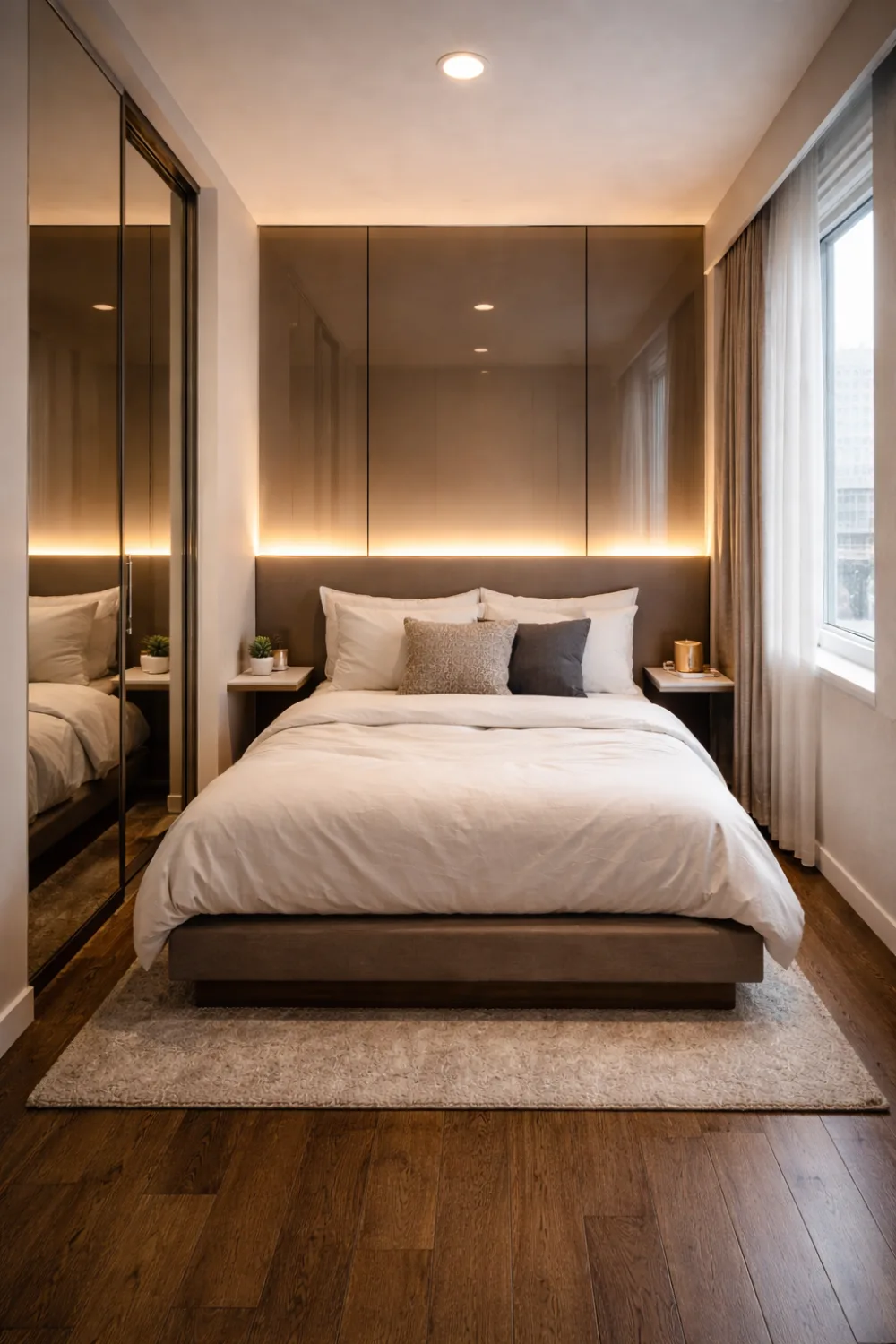 tiny bedroom with mirrored wardrobe and LED headboard lighting modern small bedroom decor