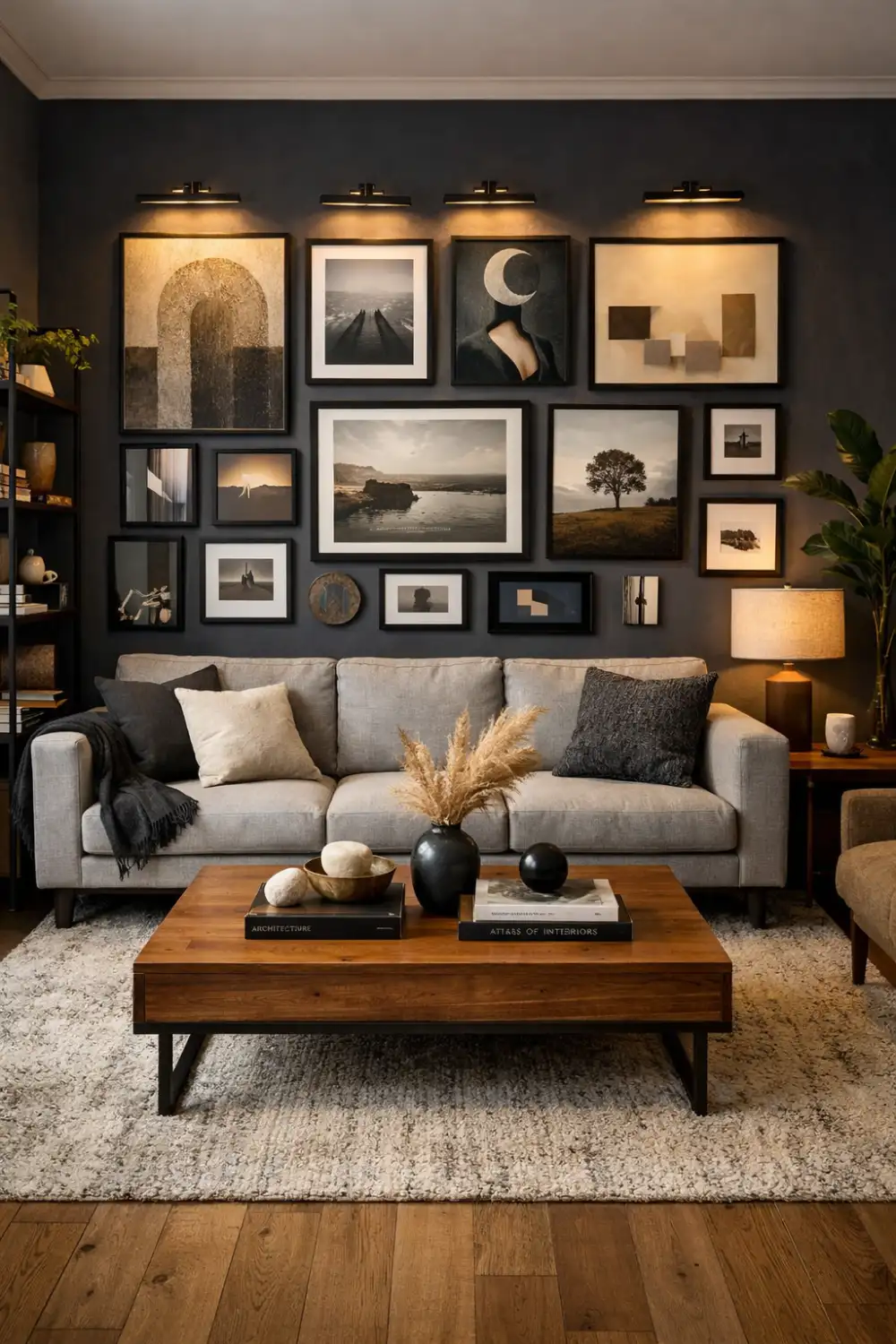 dark gallery wall living room with framed art cozy modern interior decor stylish moody living room wall design inspiration