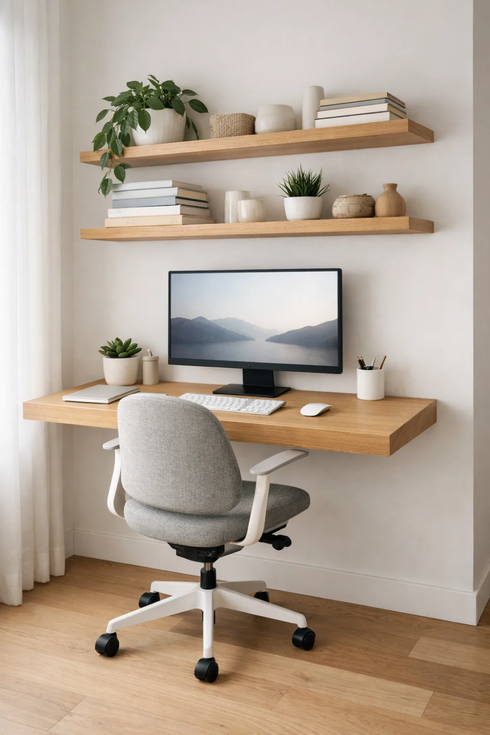 floating desk home office nook with wall shelves minimalist small space workspace modern wall mounted desk setup