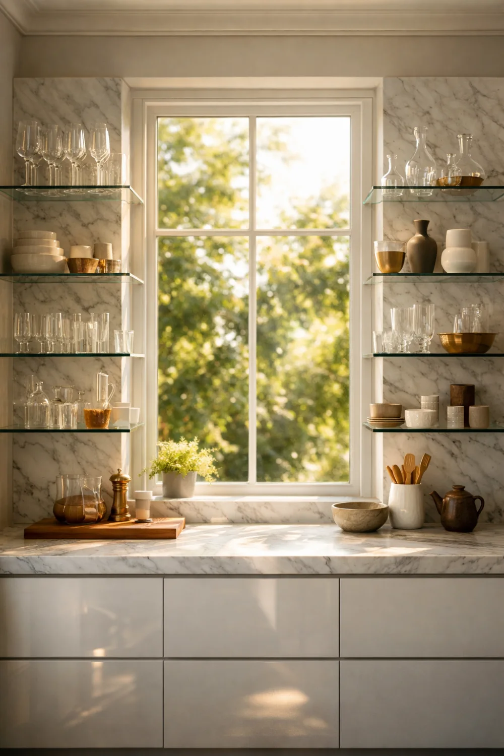 Bright modern kitchen window framed with glass open shelves displaying glassware dishes and decor with natural sunlight illuminating a stylish contemporary kitchen space.