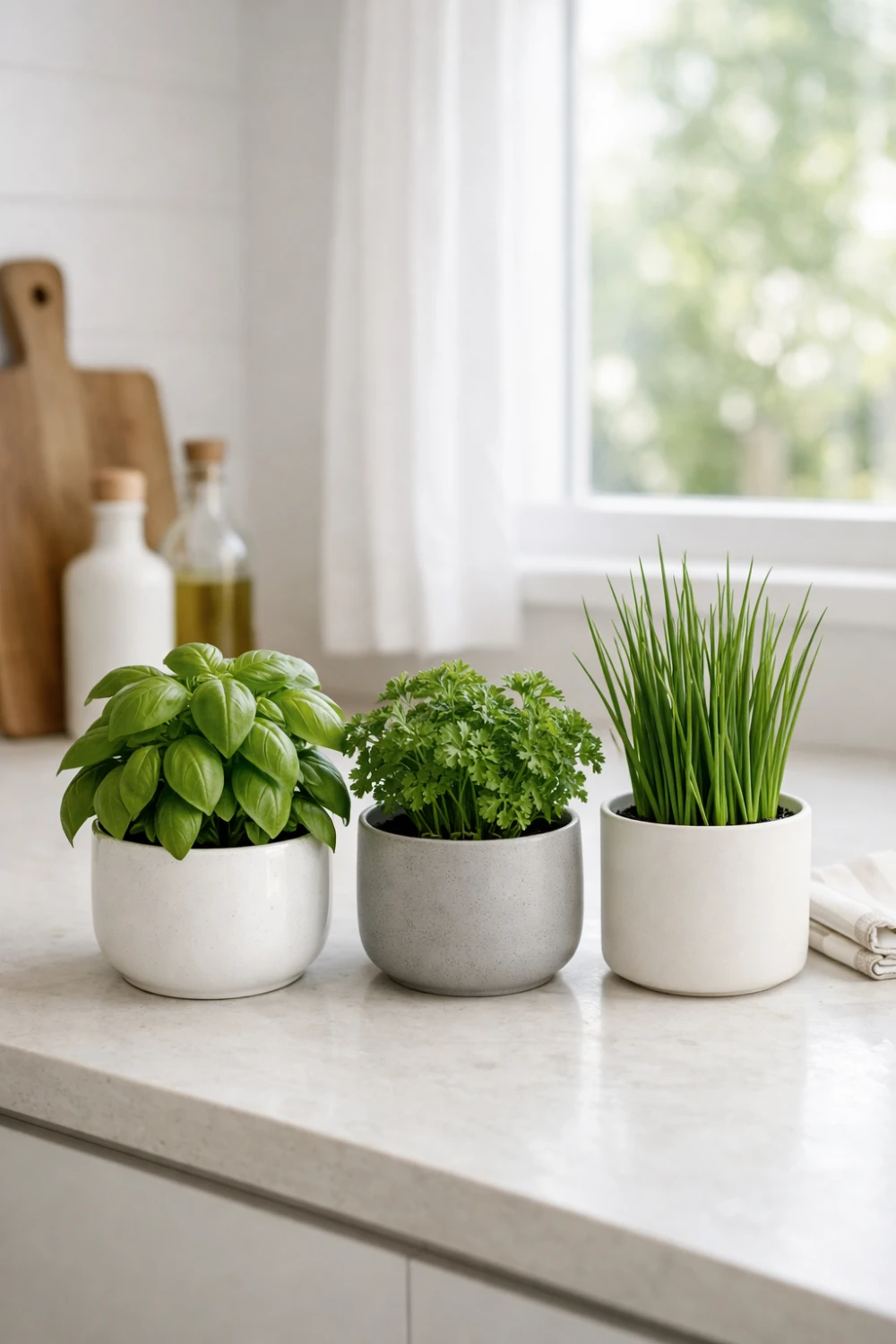 Minimalist kitchen counter herb garden with basil parsley and chives growing in small ceramic pots on bright countertop near window, simple indoor herb garden idea