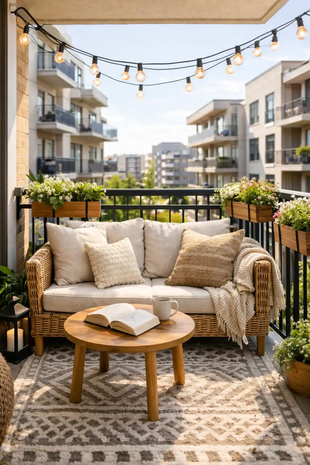 cozy balcony decor with string lights sofa flower boxes small apartment balcony living room style outdoor space