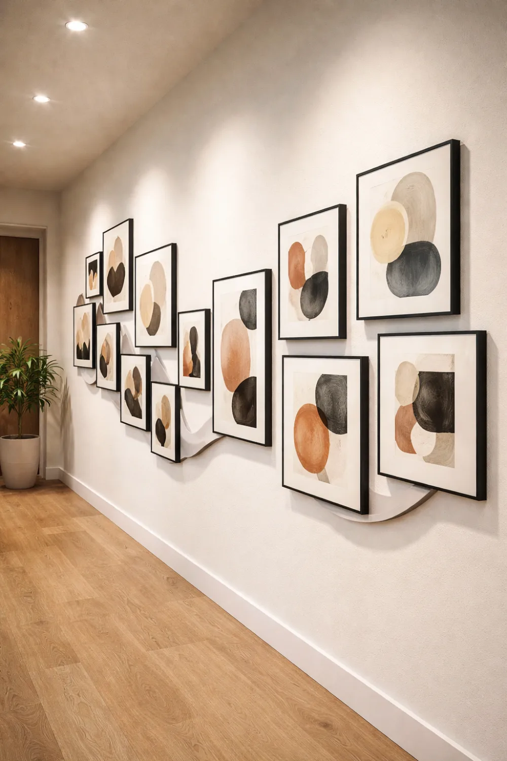 Wave style gallery wall running across a long hallway with neutral abstract art prints arranged in a flowing frame layout