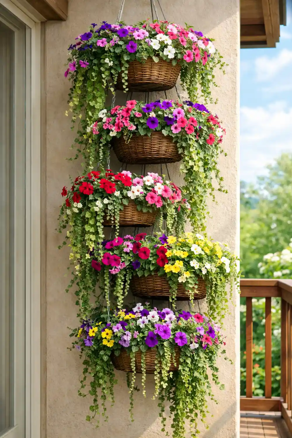 Stacked hanging baskets vertical garden with colorful flowers and trailing plants cascading down a balcony wall.