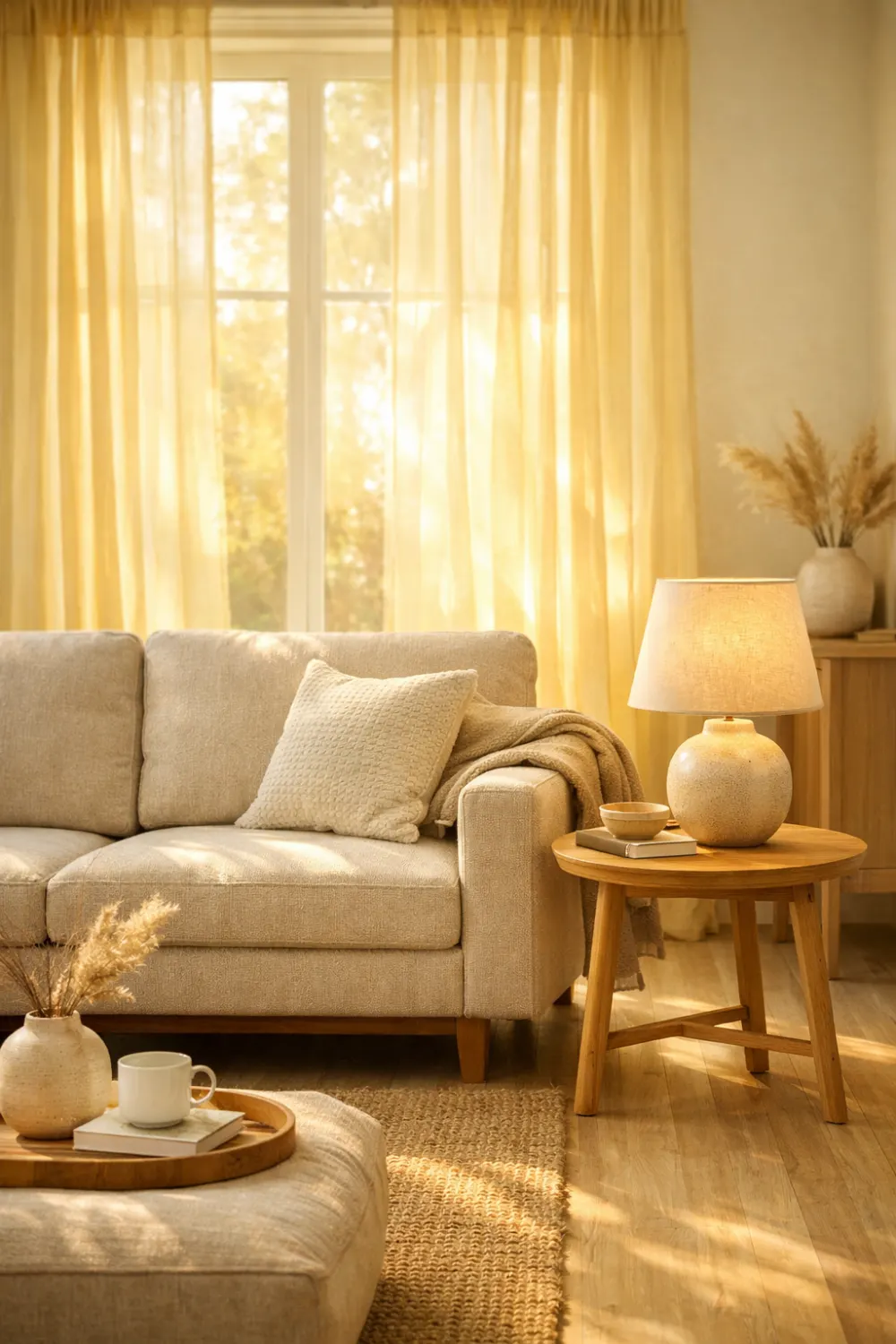 butter yellow white minimalist living room decor cozy modern interior inspiration